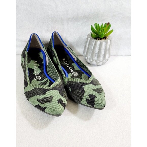 Rothys Womens Olive Green Camouflage Point Toe Ballet Flat Shoes Knit Size W10 - Picture 1 of 11